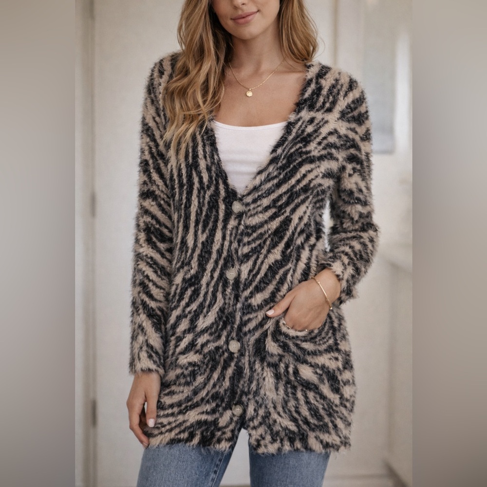 Fuzzy Zebra Print Cardigan Sweater cozy Faux Fur Button Front Soft Plush